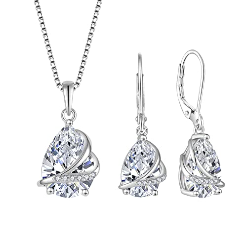 Teardrop Jewelry Set for Women 925 Sterling Silver April Birthstone Necklace and Earrings Set Cubic Zirconia Simulated Diamond Jewelry Gifts for Her