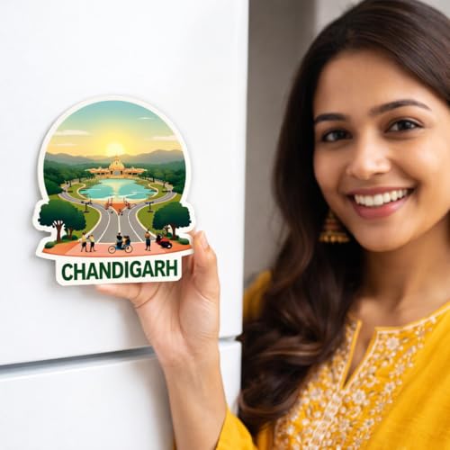 Image of Naxon Chandigarh City Souvenir Wooden Fridge Magnet | Rock Garden, Sukhna Lake Landmark Design 3x3 Inch Refrigerator Magnet for Kitchen & Home Decor | Travel Gift from Chandigarh | Pack of 1