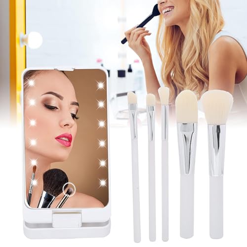 Image of Prime Pick Glow Pro Vanity Mirror 2 in 1 Rotatable Makeup Mirror LED Light Dimmable Touch Control with 5 Makeup Brushes Portable Travel Beauty Mirror for Women White