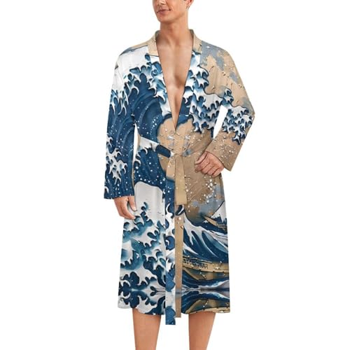 The Great Wave of Kanagawa Art Men's Bathrobes Soft Long Robe Lightweight Nightgown Sleepwear Loungewear