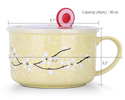 Vanenjoy 30Oz Ceramic Bowl Set With Lid & Handle,Cherry Blossoms Among Snow Flake Pattern,Microwave For Instant Noodle Sara, Cereal Bowl (Yellow) #TOP1