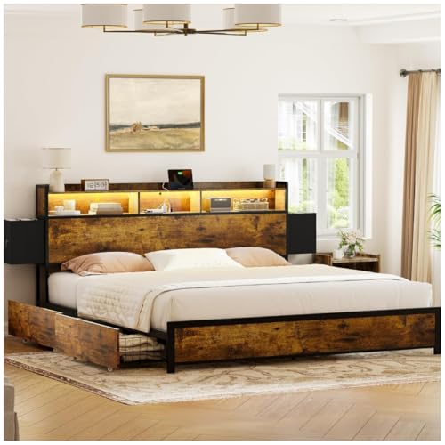 Opiniones de Base de King Size al mejor precio. 43 FABATO Base Cama King Size con 2 cajones de Almacenamiento en Cabecera y 2 Debajo de la Cama - Cabecera con Luces Led 2 Salidas de CA y 2 USB - Plataforma de Metal - Antideslizante...