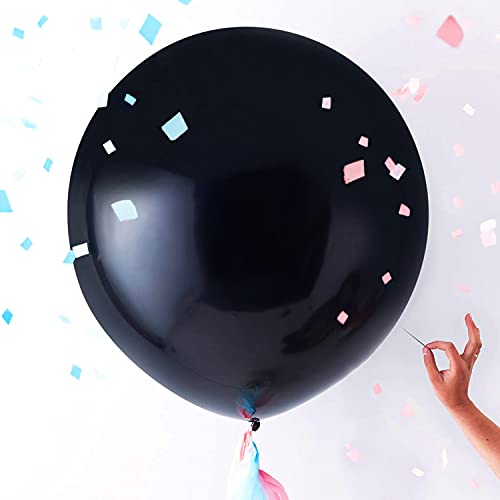 2PCS Giant 36'' Black Round Gender Reveal Balloon Pop with Pink and Blue Confetti for a Baby Shower