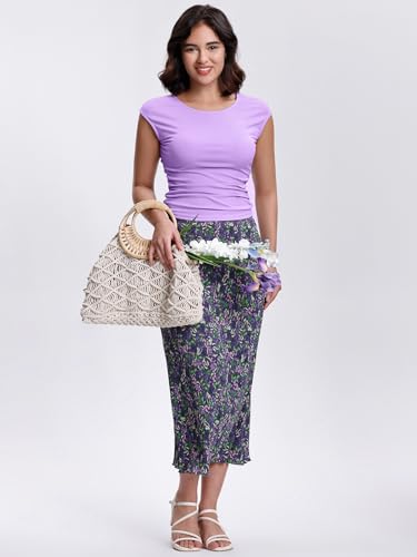 Kimmery Summer Casual Two Piece Skirt Set for Women Crew Neck Crop Tops Elastic Waist Midi Skirt Outfits3