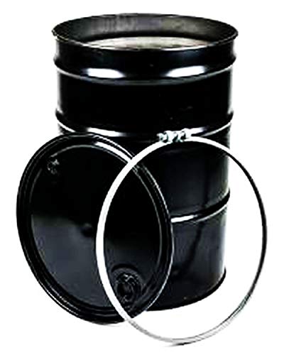 BayTec 55 Gal Steel Drum Open-Head | Black with Bungs Lid Cover | Non-Lined Interior | Bolt Ring Closure