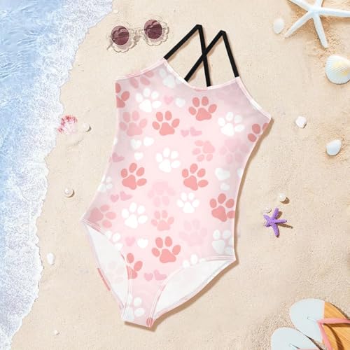Pink Paw Print Girls Swimsuits Quick Dry Crossback One Piece Beach Swimwear Bathing Suit3