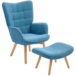 HOMCOM Sessel mit Hocker, Ohrensessel mit Hoher Rückenlehne, Holzbeine, Loungesessel mit getuftetem Design, Cord-Optik, für Wohnzimmer, Blau