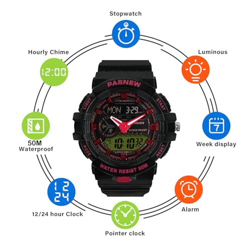 Image of PASNEW Boys' Watches - Dual Display, Large Dial Sport Watch, Black Outdoor Watch for Boys & Teens - Waterproof