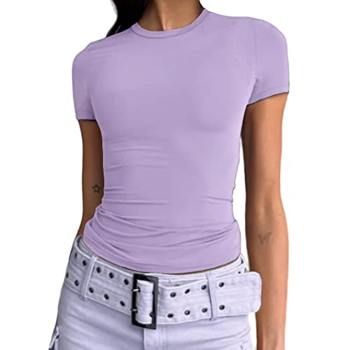Image of Dwnval Womens Classic Short Sleeve Summer TOS Crew Neck Slim Fit Crop T Shirt