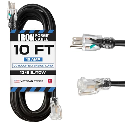 Iron Forge Cable 12 Gauge Outdoor Extension Cord 10 Ft, SJTOW 12/3 Heavy Duty Extension Cord...