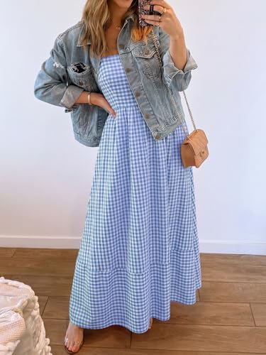 Image of Caracilia Womens Maxi Dresses Gingham Spaghetti Strap Back Smocked Flowy Long Sundress Summer Beach Vacation Clothes 2026