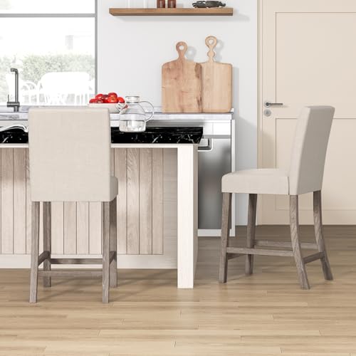 Butacos de Barra Giantex, Altura Contador, Juego de 2, Tapizados en Tela de Lino con Espuma de Alta Densidad, Asiento con Apoyo para la Espalda y Reposapiés, Patas de Madera Sólida de Caucho, para Isla de Cocina, Bar en Casa o Cafetería, Color Beige miniatura 2