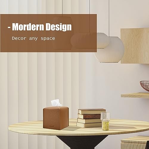 PENGLONG Tissue Box Cover 5X5X5'' PU Leather Tissue Holder Square Tissue Cube Box Organizer for Bathroom Vanity Countertop, Car, Night Stands, Office, Home, Kitchen (2Pack, Brown)