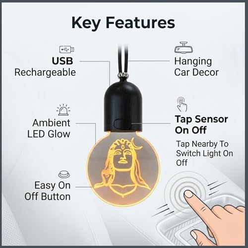 Image of YOURKARTS.COM Car Rear View Mirror Hanging LED Adiyogi Shiva Light, USB Rechargeable Car Hanging Pendant, Spiritual Car Interior Decoration Accessory (Warm Light)