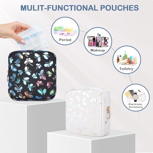Image of Likesing Period Bag Pouch, Leather Sanitary Napkin Storage Bag for Girls Womens, Portable Sanitary Napkin Period Pad Pouch Bag for Purse, Small Make Up Bags(White Butterflies)