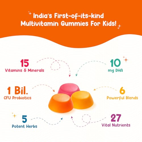 Image of U-VITA Grow Buddy Multivitamin Gummies for Kids (2+ Years) | No Added Sugar | 27 Essential Vitamins, Minerals & Pure herbal extracts | Made in India and Formulated in the UK | 30 Gummies, Orange