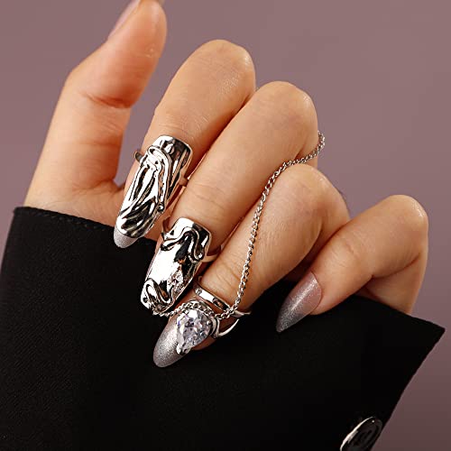 Rumtock 4pcs Punk Silver Fingertip Protective Nail Rings Set with Knuckle Chain Ring Manicure Jewelry for Women Gilrs
