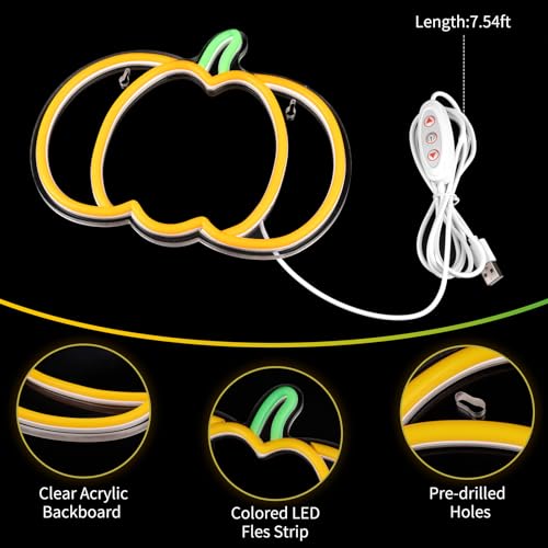 Image of Halloween Decorations Pumpkin Neon Sign, 7.3*9in Dimmable Neon Sign Hanging for Wall, Indoor Cute Vintage Fall Thanksgiving Decor for Table Home Kitchen Bedroom Living Room Bar Pub Club Party, Indoor Battery Operated or USB