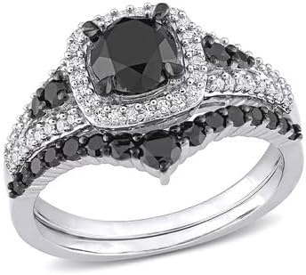 Jewels by Parijaat 1.70 Cttw Round Cut Created Black and White Diamond Halo Prong Set Wedding Bridal Ring with Band Set In 14K White Gold Over 925 Sterling Silver
