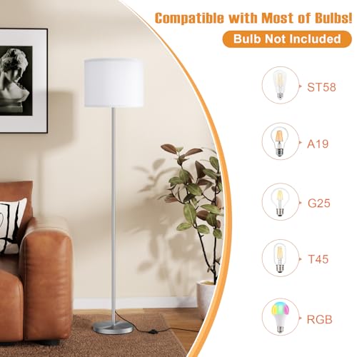 Image of Ambimall 60'' Modern Floor Lamp with Shade, Tall Lamps for Living Room, Bedroom, Office, Dining Room, White Shade with Silver Pole(Without Bulb)