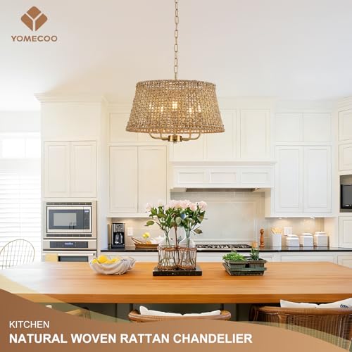 Image of 19.7 inch Boho Rattan Chandelier, 5-Light Gold Wicker Light Fixture