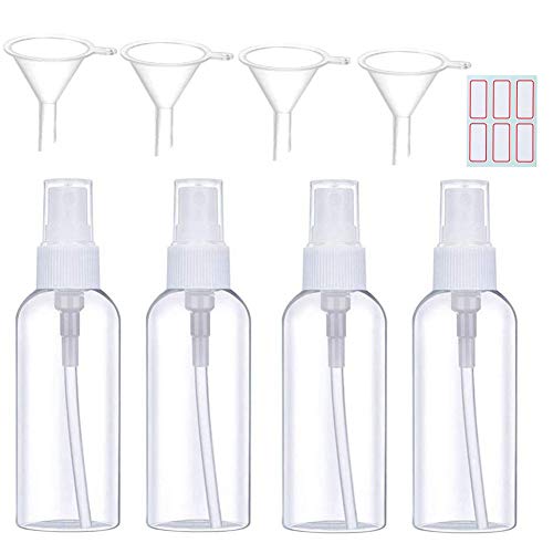 Spray Bottle, 1.7oz / 50ml Transparent Empty Fine Mist Plastic Reusable Travel Bottle Set, With 4 Funnels And 6 Labels, Suitable For Perfume, Essential Oil Spray, Medical Alcohol, Etc. (4 Pieces)