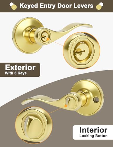 Image of Gobrico Polished Brass Keyed Entrance Door Lever Handle Entry Door Lockset Hardware with Key,Drop Lever Style Door Lock for Front Door Exterior Door,6 Pack