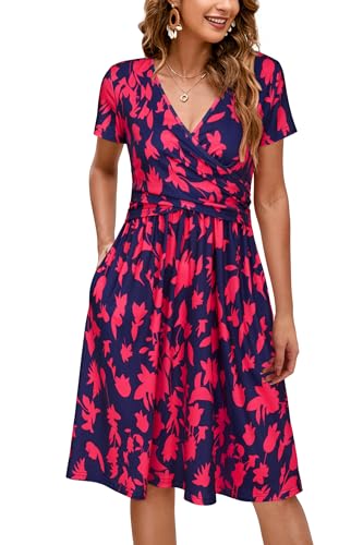 Image of OUGES Maternity Nursing Dress Breastfeeding Short Sleeve V Neck Casual Pregnancy Clothes with Pockets