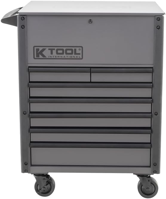 K Tool International 75151 35" Service Cart Tool Box for Garages, Repair Shops, and DIY, (7) Drawers, Locking Lid, (4) 5" Swivel Casters (2) with Brake, Protective Bumpers, Matte Finish, Grey