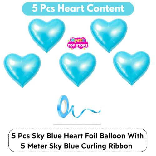 Image of Pack of 5 Heart Balloons for Happy Birthday Decoration Sky Blue Kit Baby Boys Girls Kids Men Women Car Boot Living Room Heart Shaped Foil Balloon Set Items