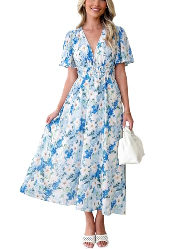 Image of Flessibili Womens Short Sleeve Floral Maxi Dresses 2026 Spring Wedding Guest Party Summer Dress Blue White Lily X-Large