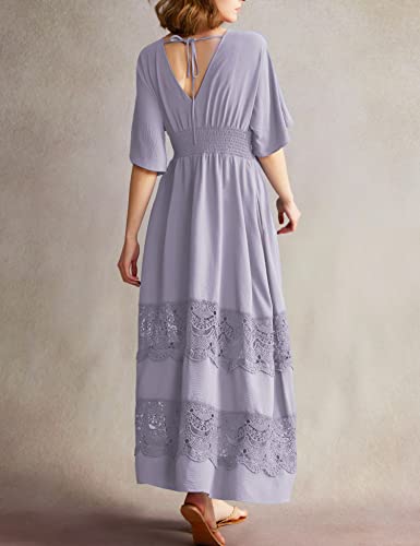 Image of Olaesa Boho Maxi Dress V Neck Short Sleeve Lace Smocked Waist Flowy Dress | Wedding Guest Dress with Pockets, Summer Bohemian Vacation Dress, Elegant Party Dress for Family photo& Baby Shower