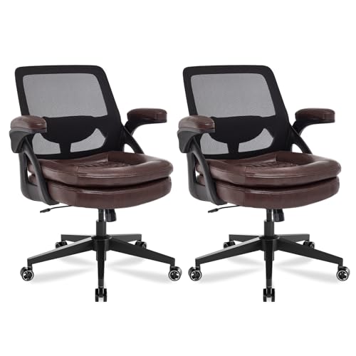 Image of Big and Tall Office Chair, 500lbs Mesh Heavy Duty Ergonomic Desk Chair with Flip-up Armrests, Plus Size Wide Seat in PU Leather, 360 Swivel Computer Executive Task Chair for Home Office (Brown)
