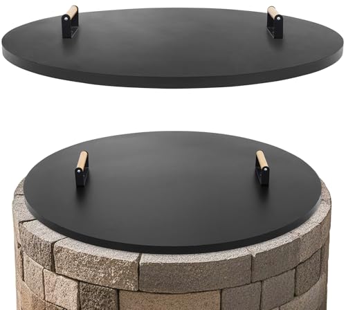 1MORE Fire Pit Lid Round 38 - Metal Firepits Cover with Wooden Handles for Patio Firepits Rust Resistant 1.5mm Fire Pits Metal Lid Firepits Accessory Fire Pits Cover Round All-season Protective