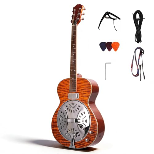 Acoustic Electric Resonator Guitar Beginner Guitar Kit Country Bluegrass Folk Blues Spruce Top Includes Cable Strap Capo Full Size 40 Inch Right Handed Guitar (Amber Orange)