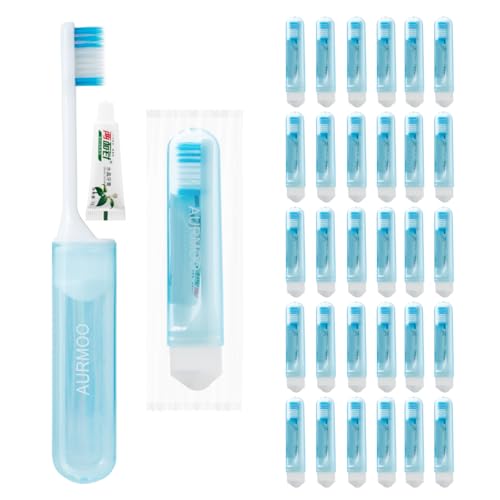 AURMOO 30 Stück Reisezahnbürste mit Zahnpasta Klappbar Reise Zahnbürste Set Klappbar Zahnbürste Foldable Travel Toothbrush Handzahnbürste für Reisen Hotel Zahnbürsten Einzeln Verpackt Blau