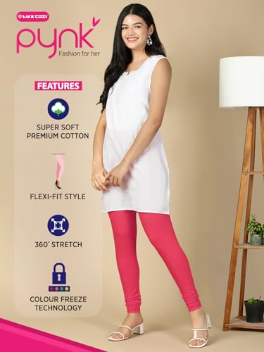 Image of Lux Cozi PYNK Solid Premium Cotton Lycra Churidar Leggings for Women | Regular Fit Elastic Waist Full Length Women Leggings | Free Size