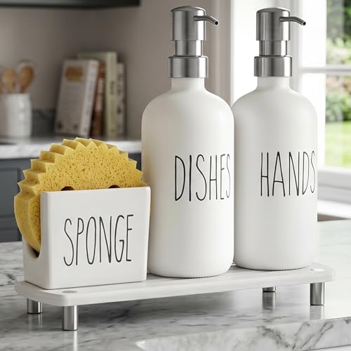 Image of Cisily Kitchen Soap Dispenser Set Comes with Ceramics Sponge Holder, Gold Pumps, and Instant Dry Tray, Hand and Dish Soap Dispenser Set (4, Silver + White + Sponge Holder)