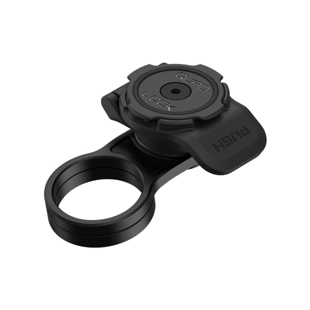 Quad Lock Stem Cap Mount installed on a bicycle stem, viewed from above, with a hand reaching towards it.