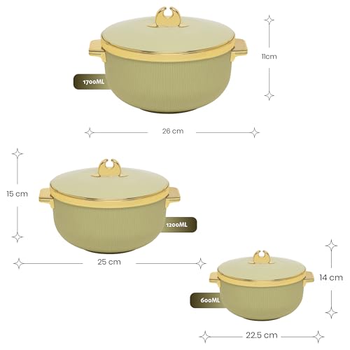 Image of SELVEL Royal Linex Casserole Collection | Insulated Hot Cases | Stainless Steel Inner | BPA-Free | Brown & Lime Green | (Royal Linex Casserole - Lime Green, Set of 3 (600ml+1200ml+1700ml))