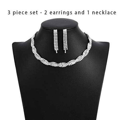 Unicra Bride Silver Necklace Earrings Set Crystal Bridal Wedding Jewelry Set Rhinestone Bridesmaid Party Choker Necklace Drop Dangle Earrings Sets For Women And Girls (Silver-2) #TOP7