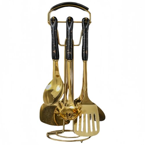 QeMiyg キッチンツール7点セット ステンレス製 棚付き収納ラック 壁掛け対応 ブラック 省スペース 台所用 調理器具 キッチン収納 新生活 一人暮らし おしゃれ 簡単設置 サビに強い 耐久性 (黒色ゴールドライン)