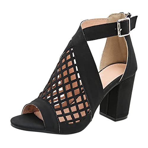 Zapatos de mujer con boca para mujer, zapatos de moda con cremallera, sandalias de verano para mujer, sandalias de tacón bajo, Black, 39 EU