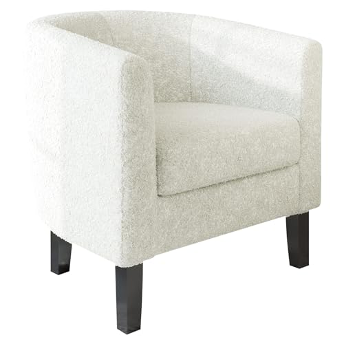 Image of BELLEZE Accent Barrel Chair, Linen Round Chair Club Tub Sofa Corner Chair with Flared Legs and Cozy Soft Padding for Living Room Bedroom Waiting Room - Teddy White