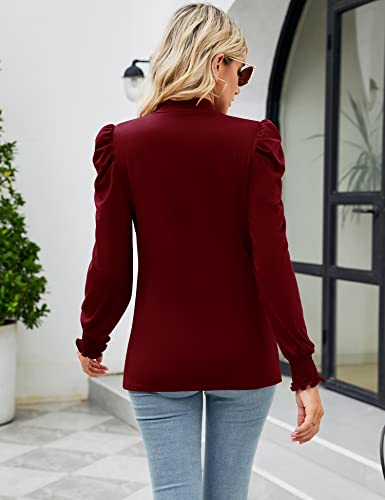 Image of LUYAA Puff Long Sleeve Shirts for Women Tops Dressy Casual Frill Mock Neck Smocked Cuffs Blouses