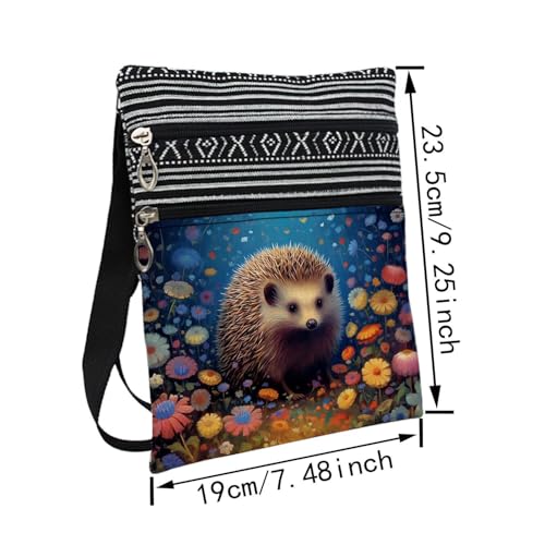 Floral Hedgehog Messenger Bag Small Ethnic Pattern Printed Adjustable Strap Crossbody Zipper Bag Floral Hedgehog Phone Bag Wallet Cute Shoulder Handbag for Women Friends -12