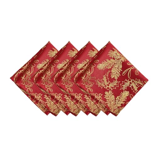 Threadmade Foil Woodland Holiday Fabric Napkins, Set of 4, Red - 17" W x 17" L