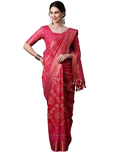 Image of AKHILAM Bandhani Print Linen Saree With Unstitched Blouse Piece for Women (SONPR1 Parent)