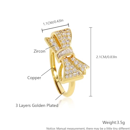 18K Gold Plated Bow Ring for Women Cubic Zirconia Bow Tie Adjustable Open Ring Statement Jewelry3