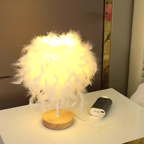 Meichoon Feather Table Lamp USB Plug-in LED Decorative Ambient Night Light Fixed Warm Light Soft Eye Protection for Bedroom Living Room LE22 White - Image 3